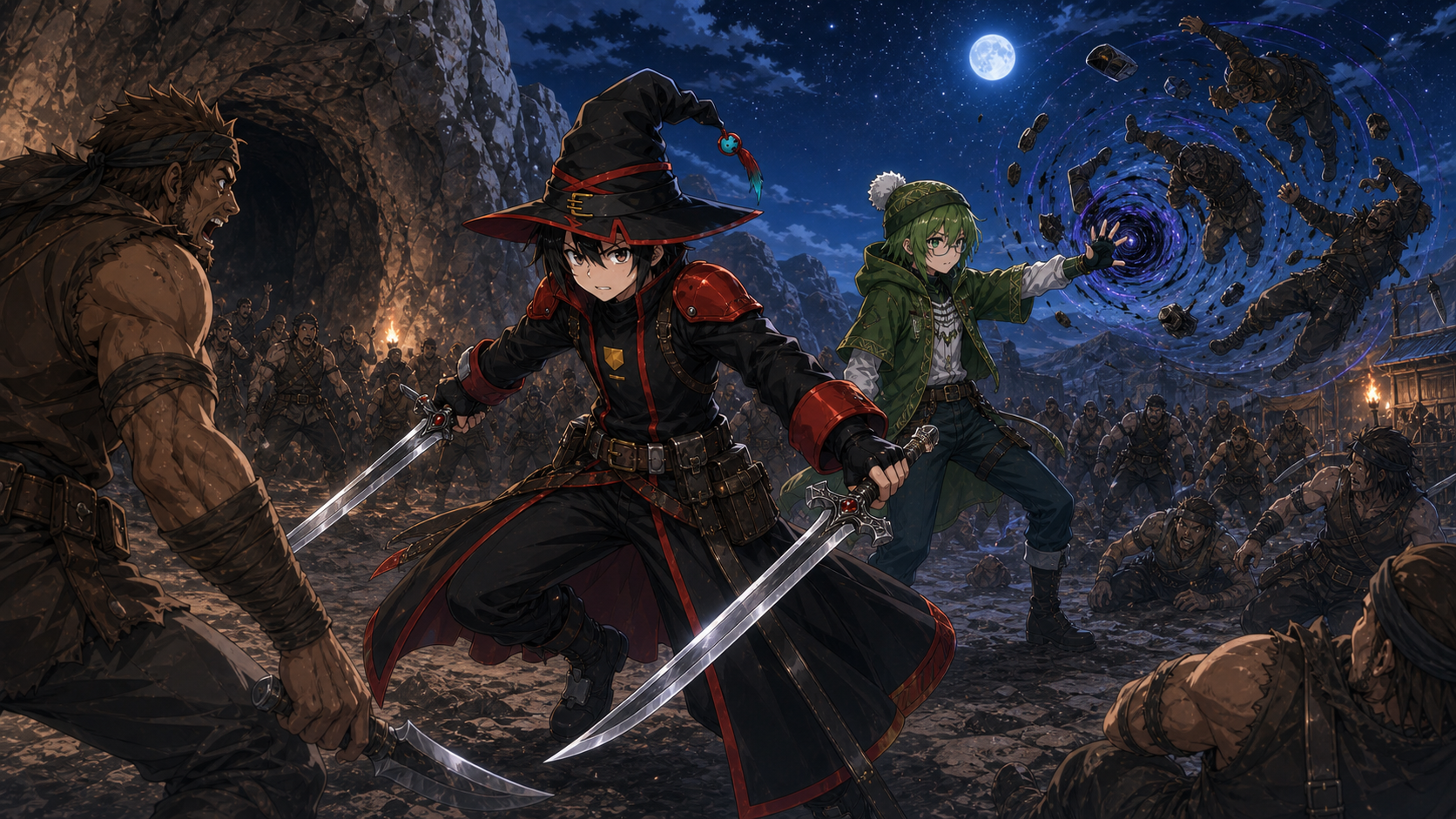 この星で、最後の愛を語る。第二話 黒衣の焔とその右腕 の挿絵。ニット帽の少年と黒い帽子の少年が男達と笑い合う場面。