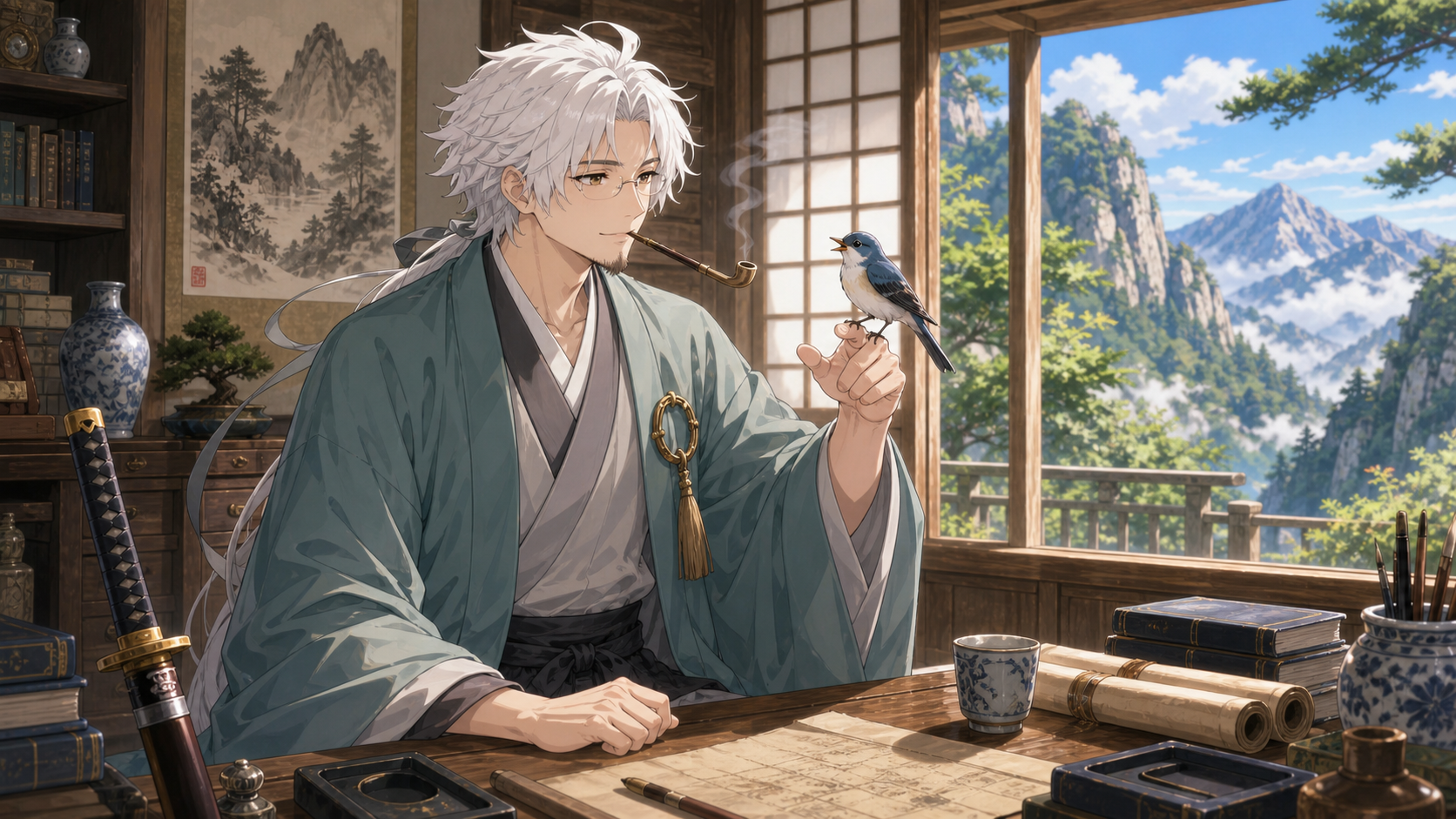この星で、最後の愛を語る。第八話 語り継がれたおとぎ話―幻魔大戦― の挿絵。詠唱を止め、鳥を机の上にのせる場面。