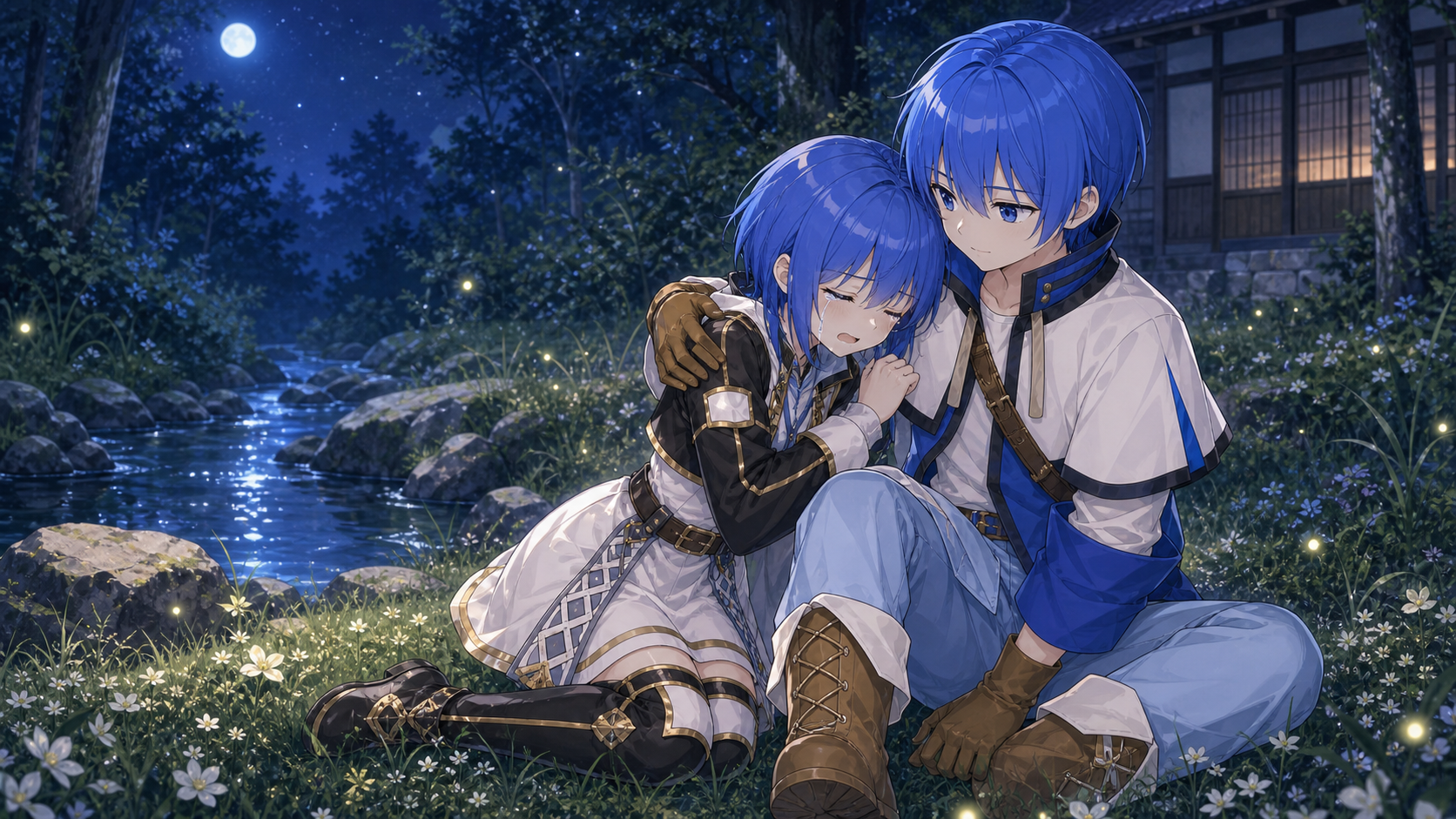 この星で、最後の愛を語る。第十一話 剣聖結界 ―エーテルと法術― の挿絵。さっきまで笑っていたメルが突然泣き出した、レイは何故メルが泣いているのかを知っていた。それはメルの命が後どれくらい持つのかだった。 そっとメルを抱きしめる、腕の中で自分の名前を呼んでくれる女の子を優しく。メルはレイのジャンパーを鷲掴みにして泣いていた。の場面。
