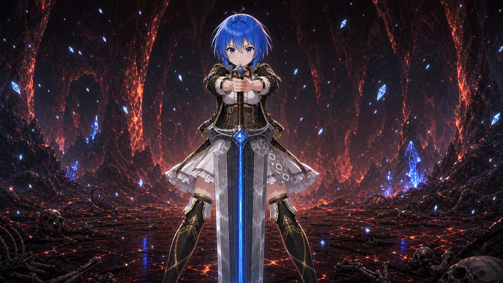 この星で、最後の愛を語る。第二十四話 メルリス・ミリアレンストは語る。 の挿絵。霊剣を握っていた。その体には不釣り合いな程大きな大剣で迫りくる氷の刃を真っ二つに破壊したのだ。未だ理解できずに彼女の後姿を見つめるレイ達、ゆっくりと顔だけ振り返るメルは一言だけ。の場面。