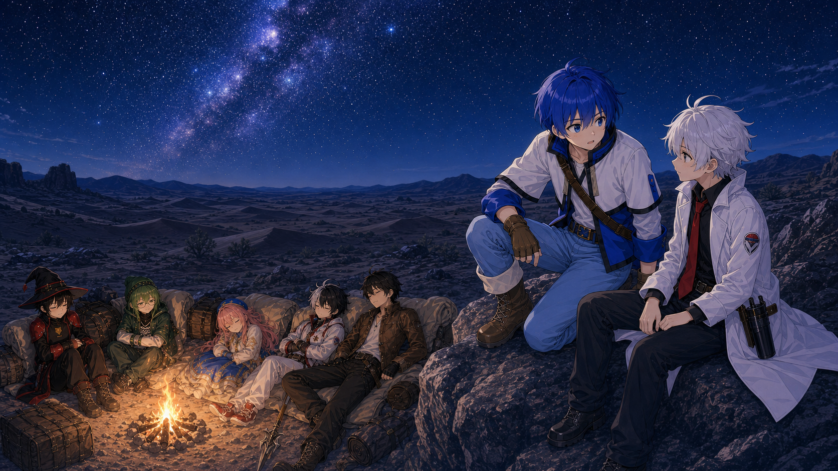 この星で、最後の愛を語る。第三十三話 砂漠にて の挿絵。彼ら四人は強くなった、だがそれは一般の帝国兵を相手にした時の話である。まだこの世界には先に述べた通りカルナッククラスの化け物や四剣帝クラスが残っている。そして何よりレイの中で気がかりなのは先の戦闘で戦ったあのエルビーと言う未知の生命体。同時にエルビーが残したあ…の場面。