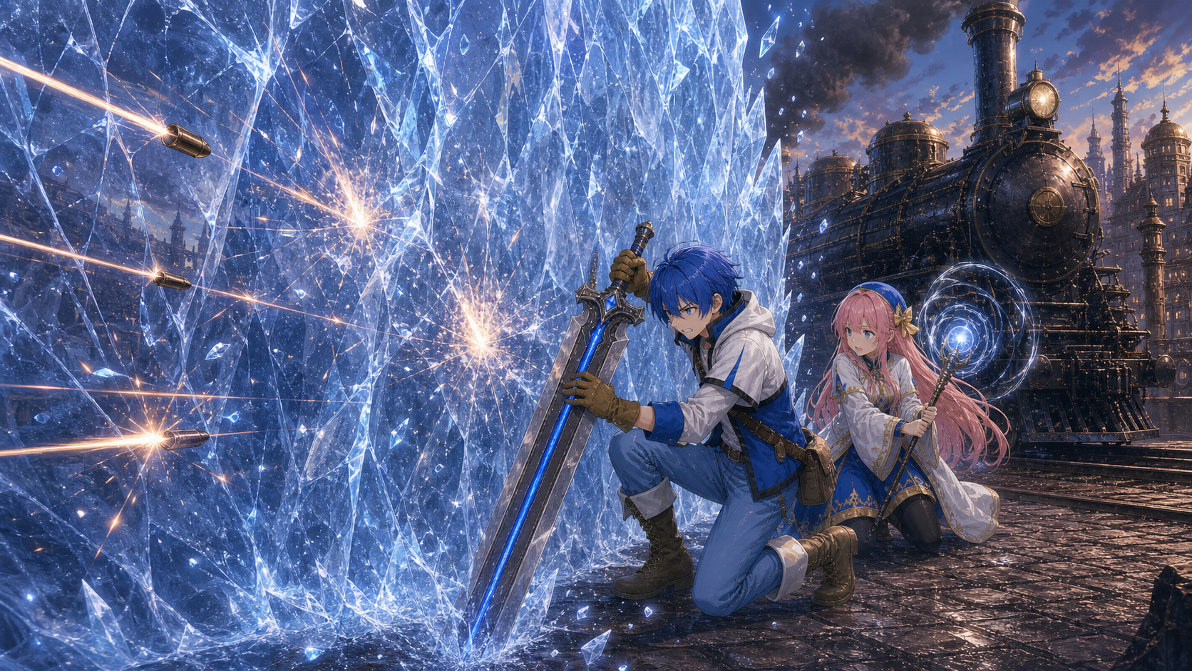 この星で、最後の愛を語る。第四十二話 カルバリアントの戦い の挿絵。絶対零度を開幕使用した後氷雪剣聖結界を解除する事無く継続してるレイに向かって集中的に発砲が行われていた。散発的にではなく集中的だった。疲弊させるのが目的と考えられる帝国兵の精密射撃、頭部を狙ったかと思えば次は腹部へと弾着箇所を修正してくる。それらを全て霊剣で弾…の場面。