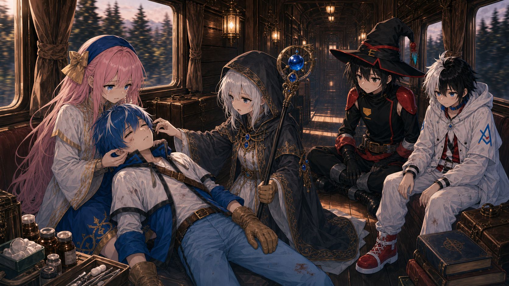 この星で、最後の愛を語る。第四十五話 敗走 の挿絵。レイとグラブの死闘から一時間、蒸気機関アクセルに乗り込んだミト達はレイ達の治療に手を焼いていた。一人だけならまだしも瀕死の重傷を負っているのは二名、続いてシュガーの腹部裂傷とダメージが多い。アデルとミラに関しては気絶しているだけにも思えた。 中でも酷いのはやはりレイの体だった、外傷は大した事が無いがエーテルを酷使した事により精神面へのダメージが大きいと推察さ…の場面。
