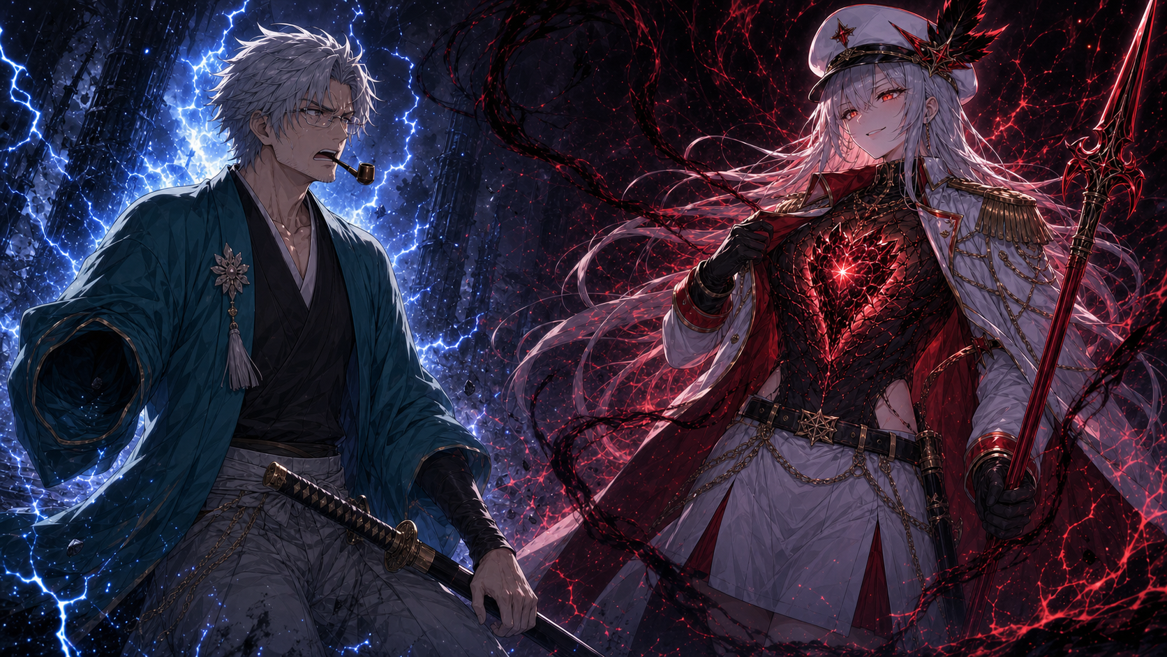この星で、最後の愛を語る。第四十八話 アルファセウス の挿絵。フレデリカが古龍の心臓を移植した事実を明かし、黒赤の異質なエーテルを示す場面。
